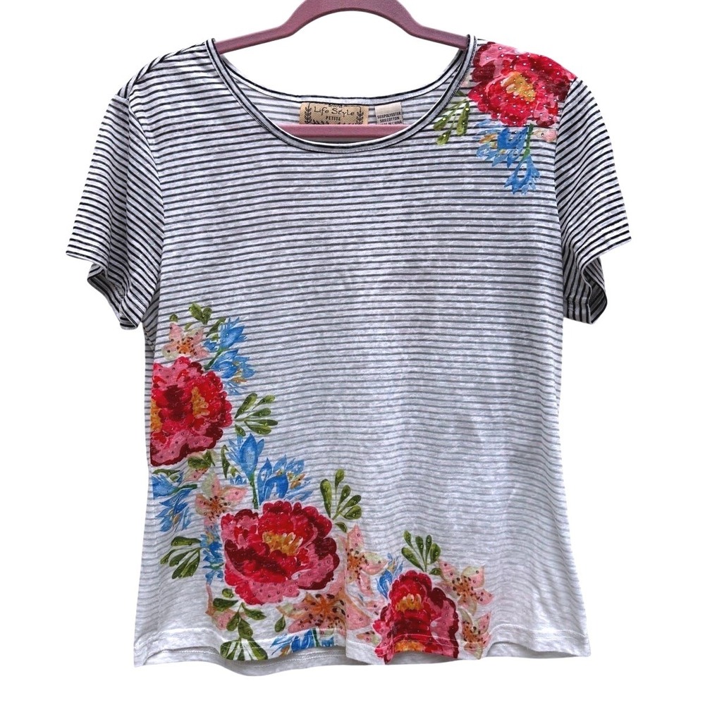 Life Style Petite Floral Striped Rhinestone Tee White Black Size PL Casual‎ Top